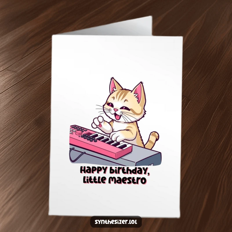 Funny Free Printable Birthday Card featuring a mischievous cat pawing enthusiastically at a synthesizer keyboard.
