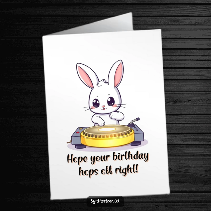 Funny Free Printable Birthday Card: Bouncing bunny DJing energetically on a glowing turntable, eyes wide with party excitement.