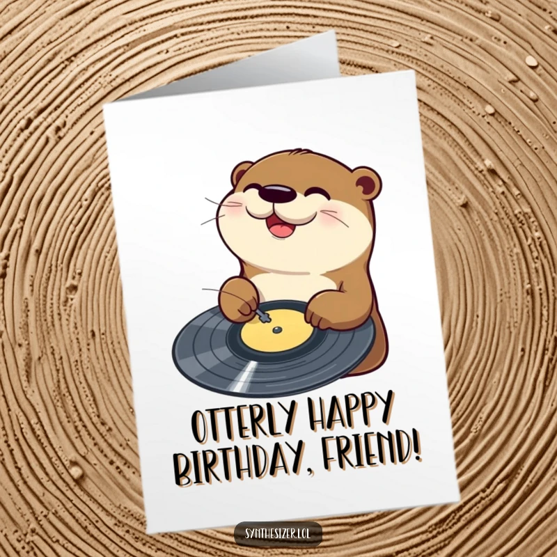 Funny Free Printable Birthday Card: A happy otter joyfully scratching a vinyl record, perfect for a music-themed celebration.