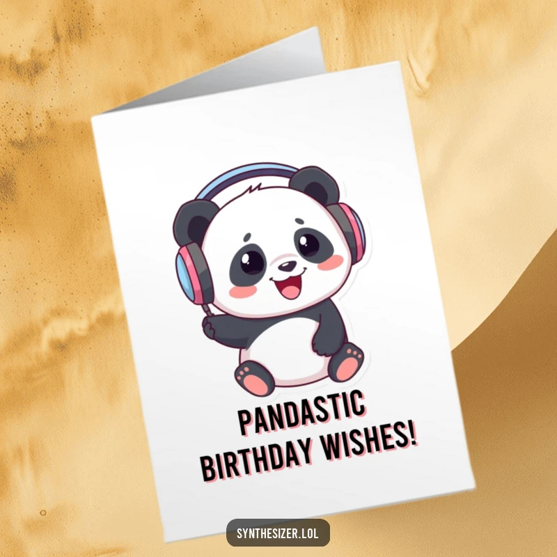 Funny Free Printable Birthday Card featuring a delighted panda wearing oversized headphones and bopping its head to the beat.
