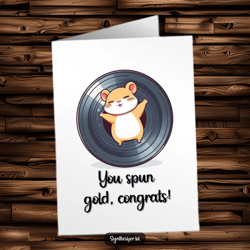 Funny Free Printable Congratulations Card of a hamster joyfully spinning on a vinyl record.