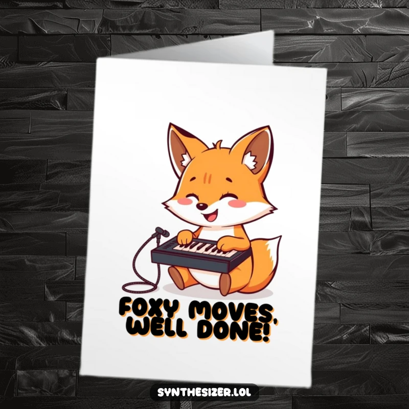 Funny Free Printable Congratulations Card: A cheerful fox playing a small keyboard mixer with pure glee, celebrating achievements.