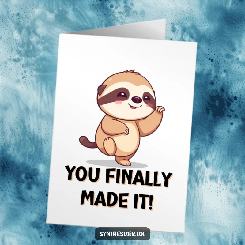 Funny Free Printable Sloth Congratulations Card: Smiling sloth enthusiastically tapping foot, celebrating success, a joyful downloadable.