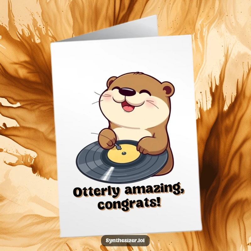 Funny Free Printable Congratulations Card: A happy otter enthusiastically scratching a vinyl disc, celebrating success with musical flair.