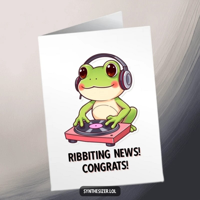Funny Free Printable Congrats Card: A frog wearing headphones joyfully taps a turntable, celebrating a win.