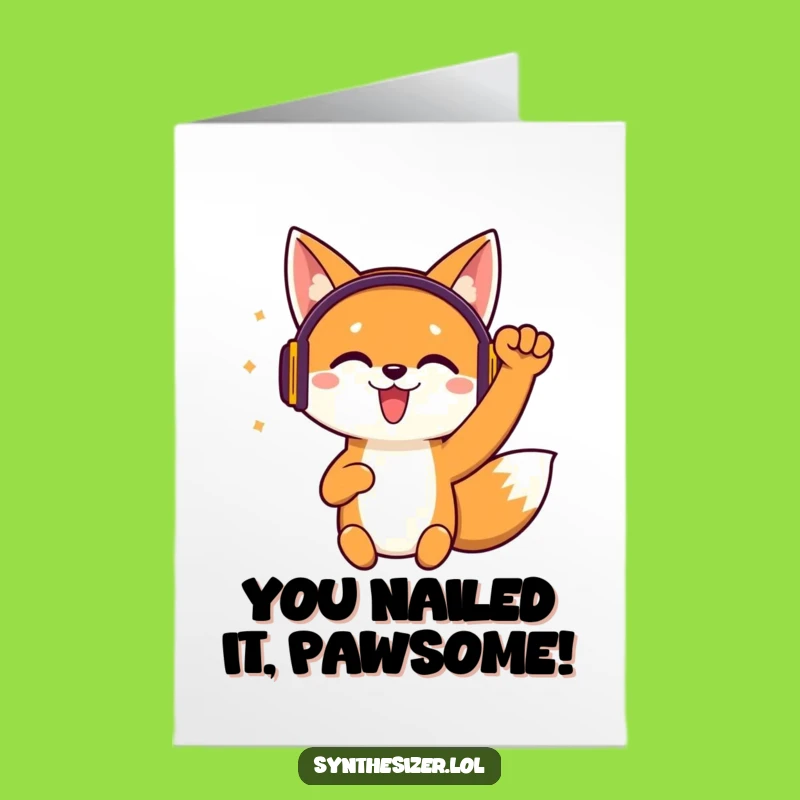 Free Printable Congrats Card: Energetic Fox Headphones Fist Pump