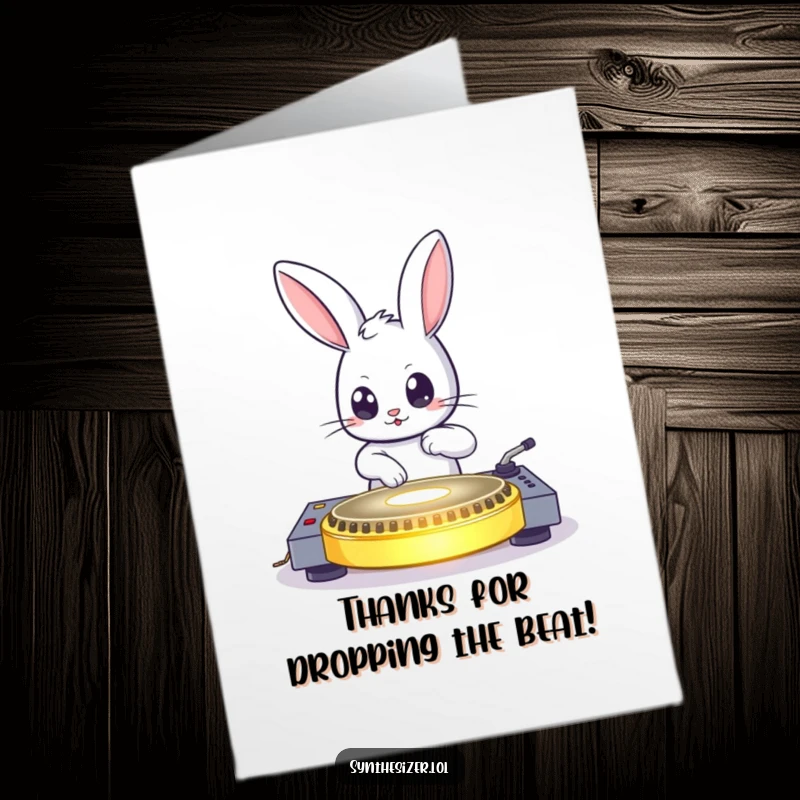 Funny Free Printable Thank You Card: Bouncing bunny DJing on a glowing turntable, sending thanks with electrifying energy.
