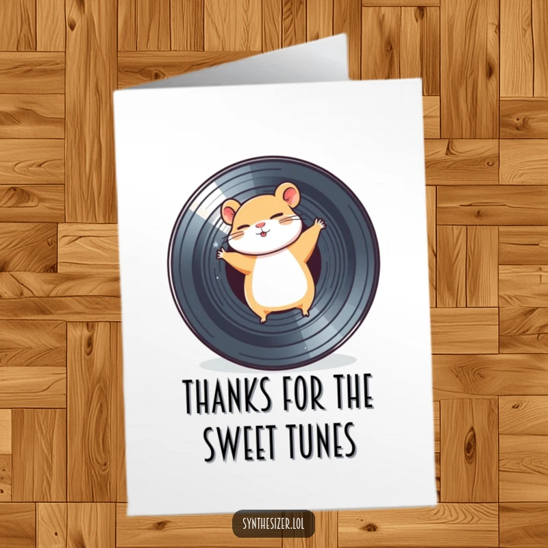 Funny Free Printable Thank You Card showing a happy hamster dancing on a vinyl record.