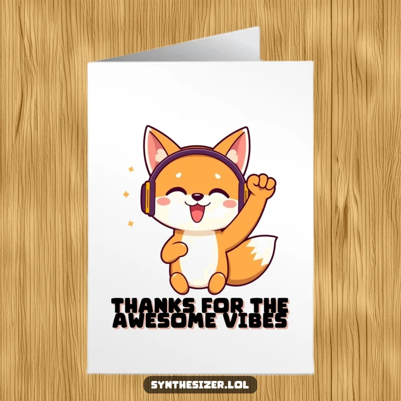 Funny Free Printable Thank You Card with a jittery fox in headphones excitedly pumping his fist.