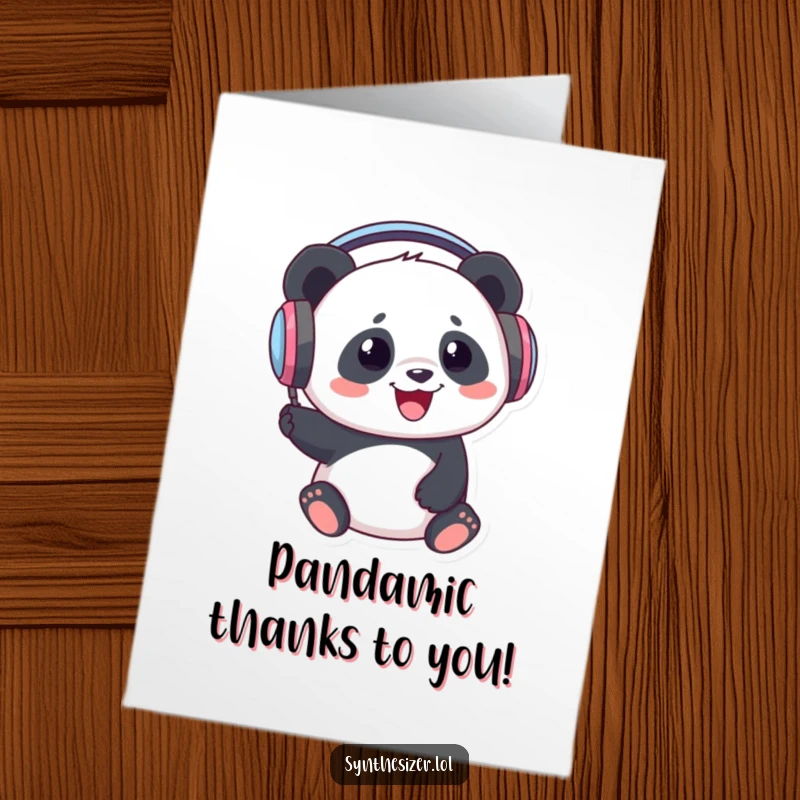 Funny Free Printable Thank You Card: A happy panda in big headphones bopping its head, sending a musical thank you.