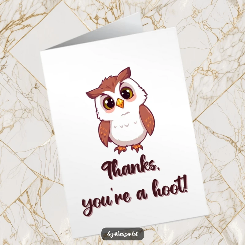 Funny Free Printable Thank You Card: A curious owl tilts its head, looking at a flashing DJ light.