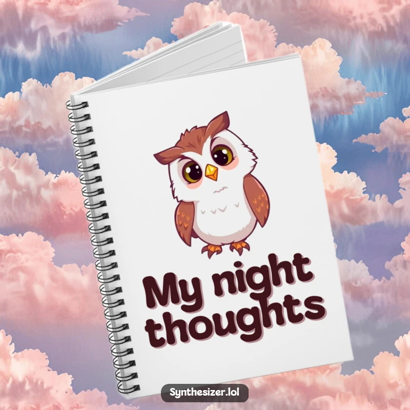 Funny owl DJ notebook with a curious head tilt, looking at a flashing DJ light, designed for capturing notes with nocturnal charm.