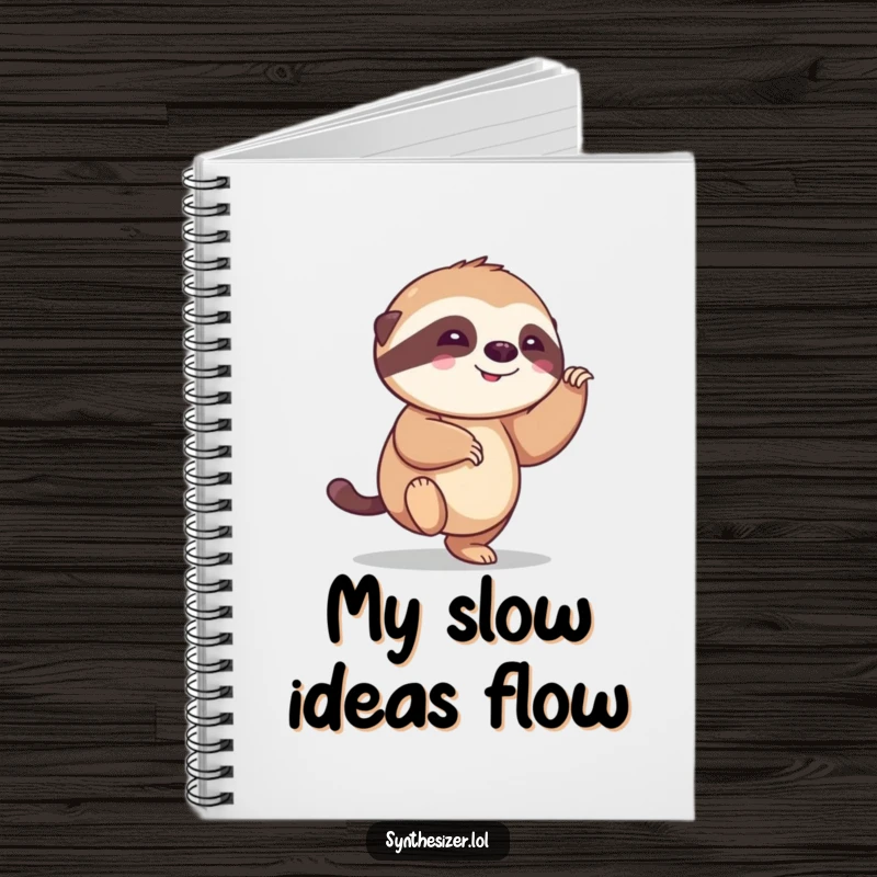 Funny sloth notebook featuring a smiling sloth happily tapping its foot, perfect for capturing thoughts with a humorous twist.