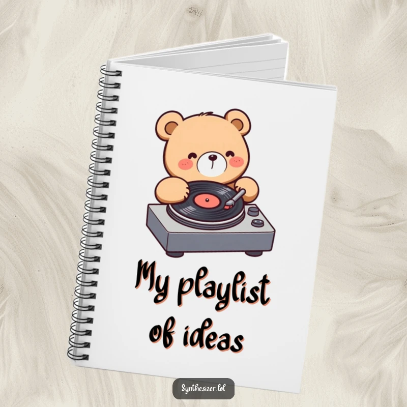 Funny Bear DJ Notebook: A kawaii bear enthusiastically spins a record on a turntable, inspiring creative ideas and note-taking.