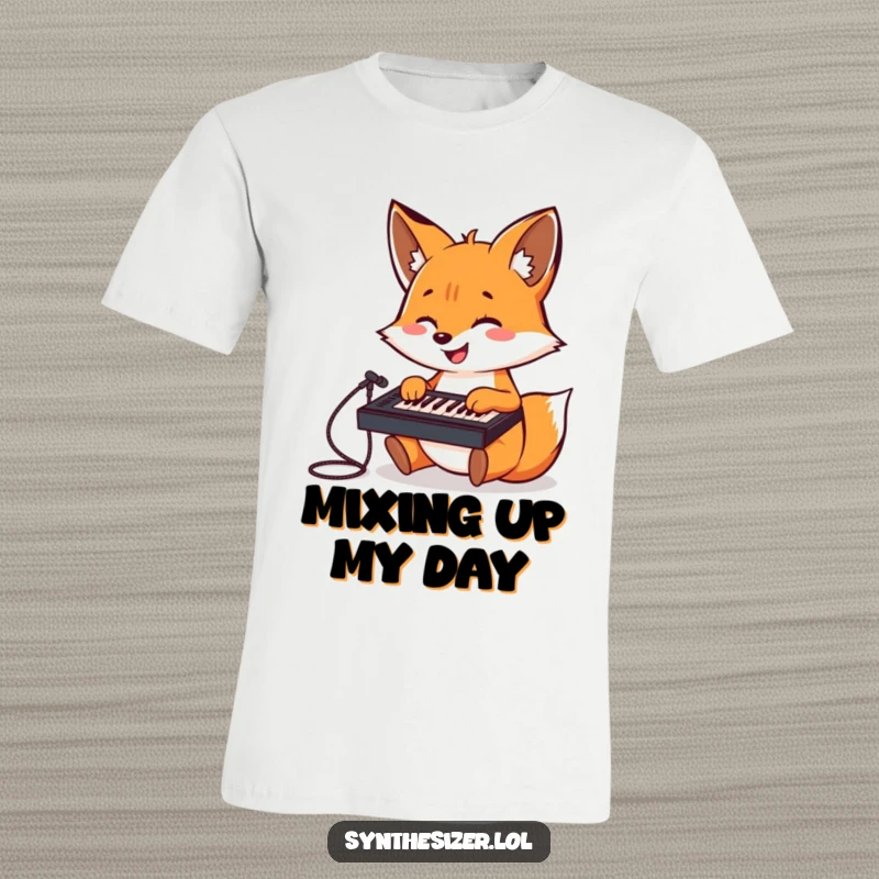 Funny Fox DJ T-Shirt: A cheerful fox is depicted gleefully playing a tiny keyboard mixer, radiating creative energy.
