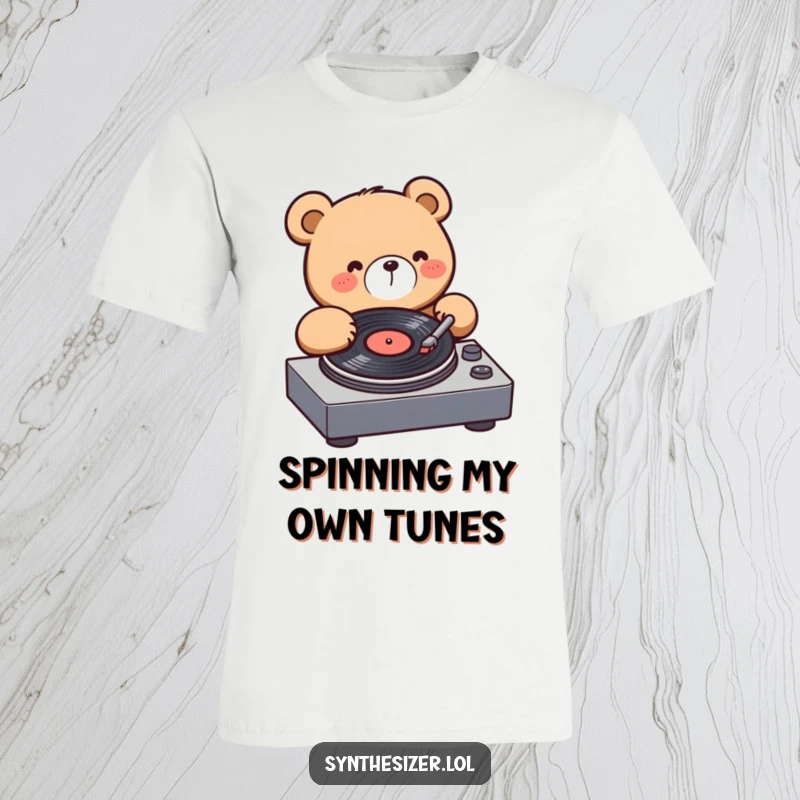 Funny Bear DJ T-Shirt: A charming kawaii bear is shown spinning a record on a turntable with great energy and a joyful face.