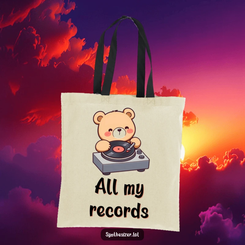 Funny Bear DJ Tote Bag: A cute kawaii bear is enthusiastically spinning a record on a turntable, showcasing its passion for music.
