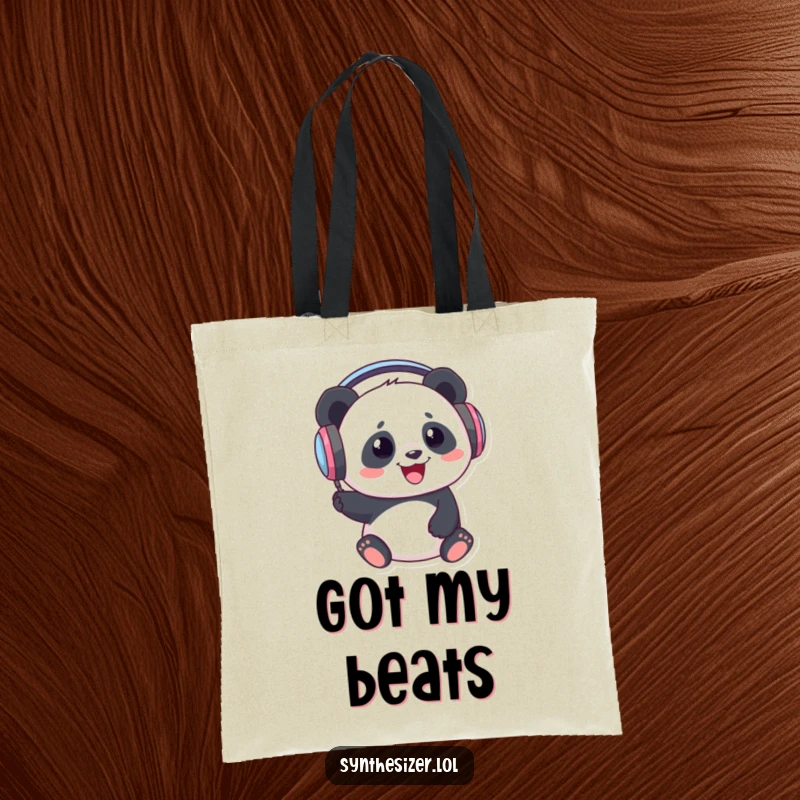 Funny Panda DJ Tote Bag: A delighted panda with oversized headphones is pictured bopping its head to music, ready for any adventure.